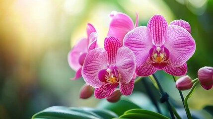 Naklejka premium Close-up of pink and white orchids with green leaves and blurred background.
