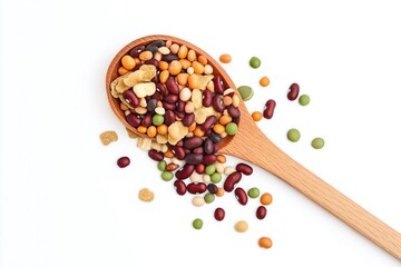 Wooden spoon rests on white surface surrounded by colorful beans. Mixed legumes in red, yellow, green hues. Beans scattered randomly, vibrant colors contrast with white background.