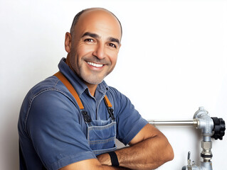 Un travailleur manuel souriant en action : artisan plombier, électricien ou chauffagiste sur fond blanc, en bleu de travail et caisse à outils sur fond blanc