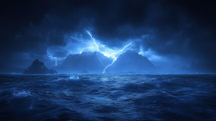 Lightning strikes over a stormy sea, illuminating rugged islands in the distance.