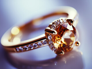 Gros plan d'une bague en or sertie de diamant et d'une grosse pierre jaune citrine : pierre fine sur fond blanc pour bijoux de mariage, alliance, bague de fiançailles, solitaire et joaillerie de luxe