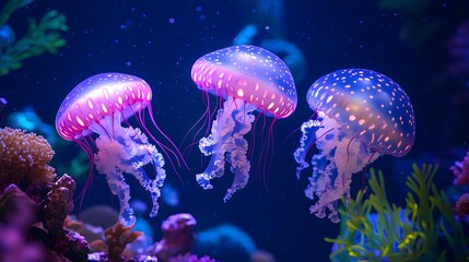 Fototapeta premium A surreal underwater forest with bioluminescent trees, glowing jellyfish floating between branches, deep blue and purple light