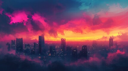 Fototapeta premium A beautiful cityscape painting in a vibrant orange and blue color scheme