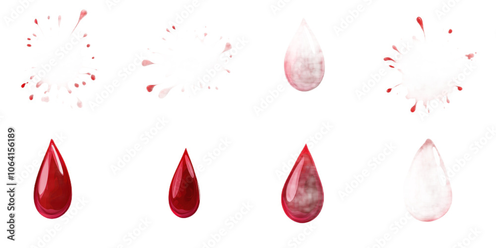 Poster Red blood droplets scattered on gray background. Eight droplets varying in size and shape. Diagonal line creates sense of movement. No text or objects, focus on droplets. Transparent isolated.