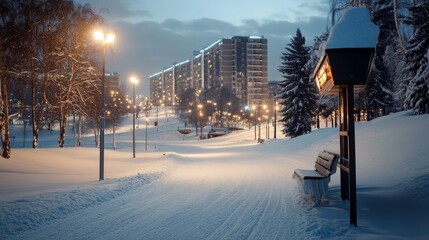 Fototapeta premium Snowy winter sports area decorated with holiday lights, joyful energy, snow-draped trees, panoramic view