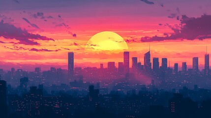 Fototapeta premium A beautiful cityscape painting in a vibrant orange and blue color scheme