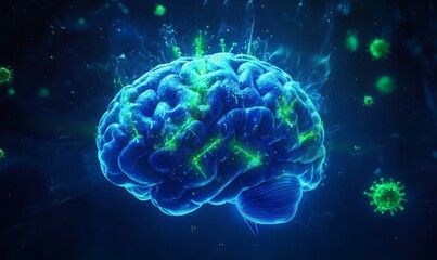 A highly detailed image of a blue-glowing human brain with green virus particles hovering around it.