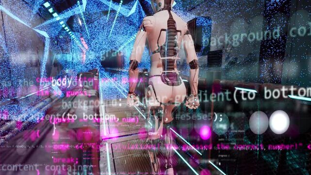 Multipack of video animations with walking humanoid robot character between industrial cyberpunk objects