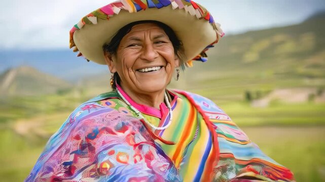 Peruvian indigenous mature woman wearing her colorful traditional costume and dancing while looking at camera