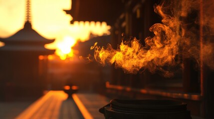 Smoke rising from a censer in front of a Japanese temple at sunset.