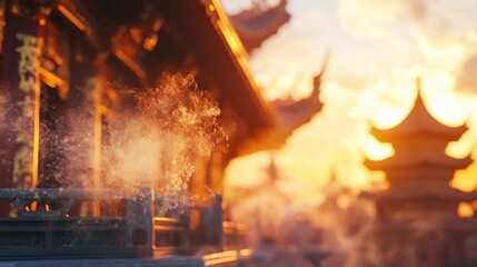 A  temple with a  burning incense stick, producing white smoke in the golden hour.