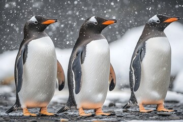Fototapeta premium Penguins standing on the shore of a snow covered Antarctic island