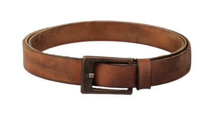 Single brown leather belt with square buckle. Belt is positioned in center of frame, slightly tilted to right. Brown belt stands out against stark isolated transparent background. Alpha mask cut out.