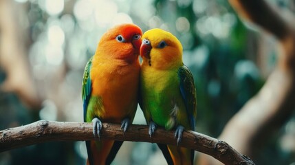 Obraz premium Colorful Parrots Sharing a Moment on a Branch