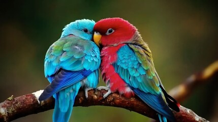 Obraz premium Colorful Birds Embracing on a Branch in Nature