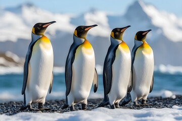 Fototapeta premium Penguins standing on the shore of a snow covered Antarctic island