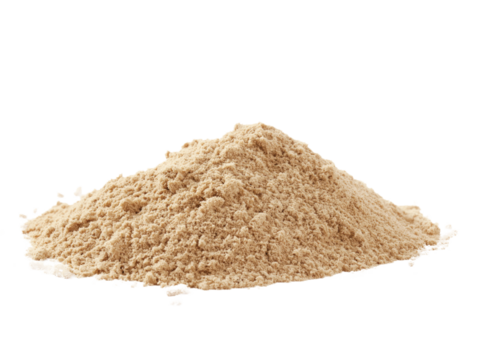 Small pile of beige powder with fine grains, scattered haphazardly on transparent background. Close-up view of desert sand texture, natural and tropical, with no discernible pattern or structure.