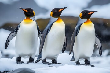 Fototapeta premium Penguins standing on the shore of a snow covered Antarctic island