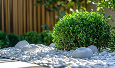 A lush green bush contrasts beautifully against a backdrop of smooth white pebbles, highlighting natural elements and textures ideal for garden landscaping and decor