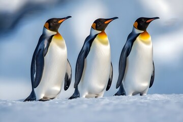Fototapeta premium Penguins standing on the shore of a snow covered Antarctic island