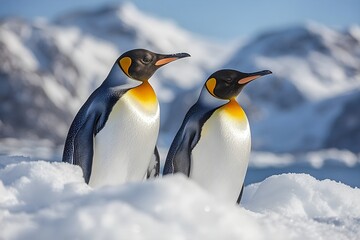 Obraz premium Penguins standing on the shore of a snow covered Antarctic island