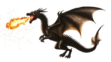 Fototapeta premium Black dragon soars through the sky with fiery red tongue and wings. Scales cover its body, tail visible behind. Central position on light gray background contrasts with dark form. Transparent isolated