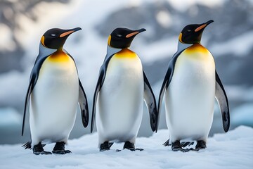 Fototapeta premium Penguins standing on the shore of a snow covered Antarctic island