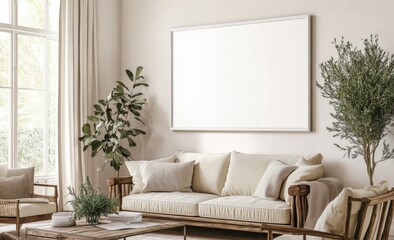 Large white poster frame hanging on the wall of an elegant living room with light beige walls, sofa, wooden furniture, and a plant, natural lighting from a window