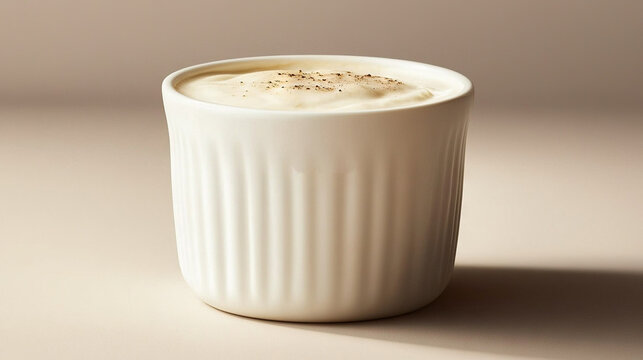   A close-up photo of a mug of coffee sitting on a light-colored table against a similar background