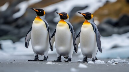 Fototapeta premium Penguins standing on the shore of a snow covered Antarctic island