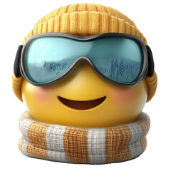 Big yellow winter smiley emoticon, with ski goggles and woolen hat and scarf, on a transparent background, AI-generated