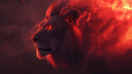 A majestic lion bathed in mystical red light, with an intense and regal expression. the dramatic lighting and ethereal atmosphere highlight the lion's strength and nobility. Mystical. Illustration