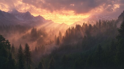 Forest-covered mountains at sunset, with rays of light breaking through clouds, creating a magical effect