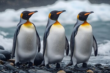 Fototapeta premium Penguins standing on the shore of a snow covered Antarctic island