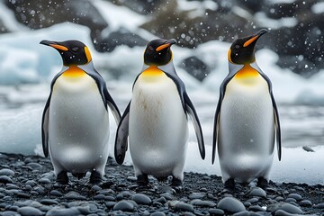 Fototapeta premium Penguins standing on the shore of a snow covered Antarctic island