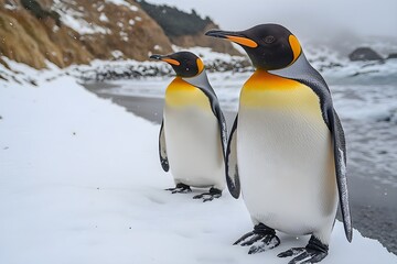 Obraz premium Penguins standing on the shore of a snow covered Antarctic island