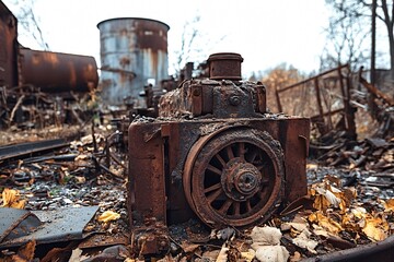 Close-up view of a decaying industrial machine, showcasing the effects of rust and neglect in a deserted factory environment, highlighting themes of decay, abandonment, and industrial decline