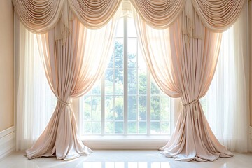Sunlight streams through a large window adorned with elegant beige curtains, creating a serene and sophisticated atmosphere in a luxurious interior