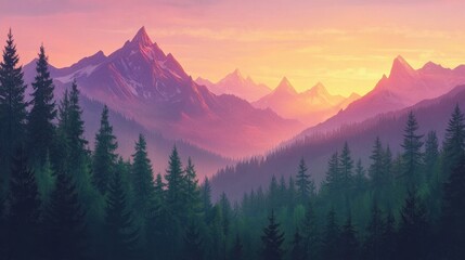 Obraz premium Sunset casting a warm light over dense forest and mountain peaks, creating a serene landscape