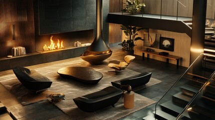 Modern living room interior design with a fireplace, furniture, and stairs.