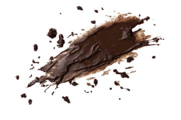 Dark brown chocolate stain on isolated transparent background in close-up view. Messy splat spread across image, slightly tilted to right. No text or objects in scene. Alpha mask cut out png.