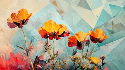 Fototapeta premium A vibrant abstract digital art design with orange poppy flowers against a background of blue and red geometric shapes.