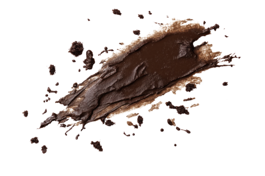 Dark brown chocolate stain on isolated transparent background in close-up view. Messy splat spread across image, slightly tilted to right. No text or objects in scene. Alpha mask cut out png.