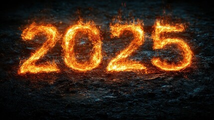 The year 2025 is depicted as fiery numbers burning on a dark background.