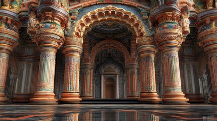 Obraz premium A grand, ornate entrance to a palace, with colorful columns and arches leading to a doorway.