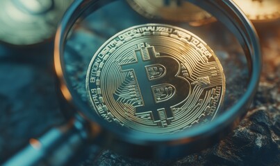 A close-up image of a Bitcoin coin under a magnifying glass, emphasizing the scrutiny and analysis of cryptocurrencies