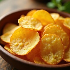 Rustic brown bowl contains golden potato chips in circular arrangement on wooden surface. Blurred kitchen counter or dining table background. Close-up view of snacks food in ceramic bowl.