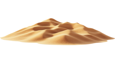 Beige sand dune with small grains texture on isolated background. Isolated desert landscape, objects, just sand, natural, dry, dusty, earthy, coarse, rough, pile, heap, mound, hill, mountain, terrain,