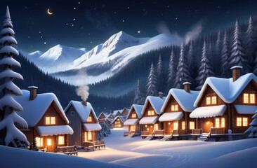 Naklejka premium Snowy Winter Village at Night with Lit Houses and Snowy Pine Trees.