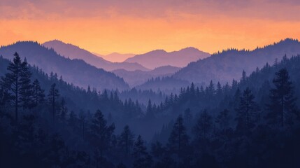 View of forested mountain range bathed in orange and purple hues of sunset, creating a serene atmosphere